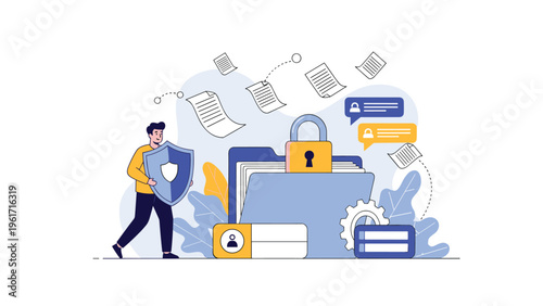 Security expert uses a shield to protect a digital folder secured with a large padlock from unauthorized file access.