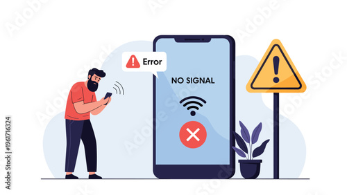 Frustrated man stares at his smartphone screen displaying a no signal error message next to a large warning sign icon.