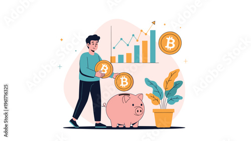 Investor contributes bitcoin to his savings plan in a pink piggy bank while monitoring a positive financial growth chart.