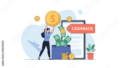 Enthusiastic woman receives cashback rewards as coins and paper money fall into her digital wallet on a smartphone screen.