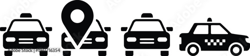 Four black taxi cab icons are shown, one with a prominent location pin symbol
