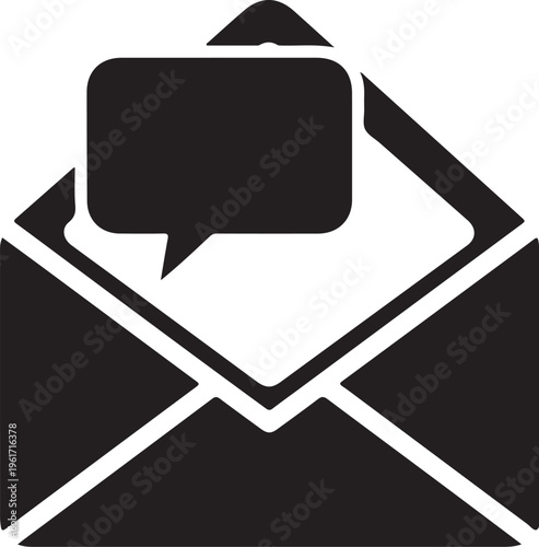 Black envelope icon with speech bubble, email communication symbol, messaging vector graphic, chat box illustration