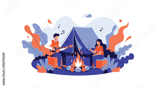 Group of friends gathers around a warm bonfire by their blue tent in a lush and colorful forest during a camping trip.