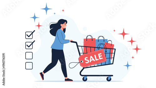 Energetic woman pushes a shopping cart full of bags past a large red sale tag during a exciting retail event.