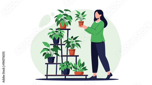 Young woman organizing and caring for a variety of indoor potted plants on a multi-level wooden plant stand at home.