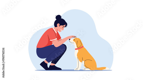Happy young woman crouching down to pet her friendly golden retriever dog in a minimal and clean illustrated style.