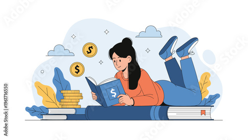 Young woman lying on giant books while reading about financial success with floating gold coins and money icons.