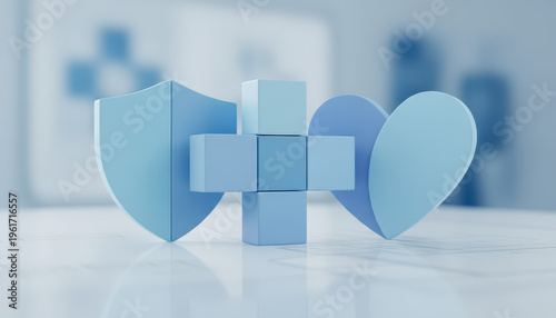Blue shield, cross, and heart shapes symbolize protection, health, and care, arranged on reflective surface with soft blue background creating calm and secure atmosphere