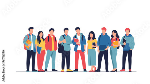 Diverse group of college students standing together in a line while holding books and wearing casual backpacks.