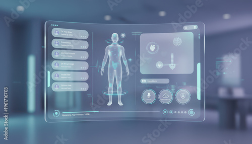 Futuristic medical interface showing human body scan and health data with holographic display in clinical environment
