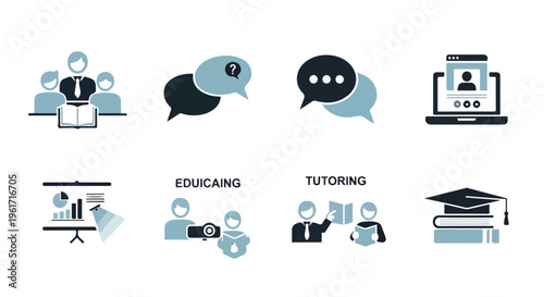 Set of 8 Business Education and Tutoring Icons Vector