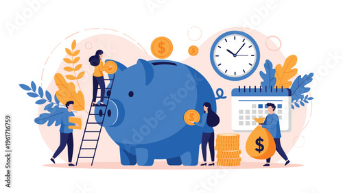 Business team collaborating to save money in a giant blue piggy bank with a clock and calendar in the background.