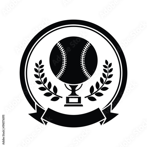 Baseball Trophy Vector Icon with Laurel Wreath and Ribbon in Black and White Style