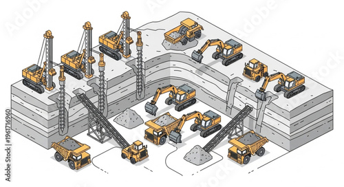 Isometric View of Mining Site with Heavy Machinery and Equipment.