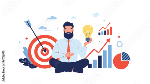 Successful businessman sitting in a lotus position holding a lit light bulb next to a target and growth charts.