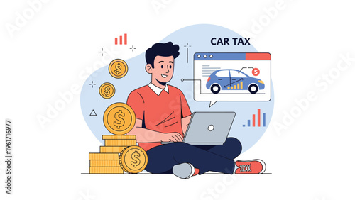 Young man using a laptop to calculate car tax with stacks of coins and a vehicle icon on the screen interface.