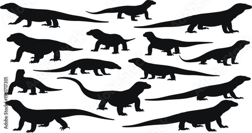 Komodo dragon silhouette collection. Monitor lizard vector set with various poses and long tails. Black reptile illustrations for wildlife design, nature themes and zoo concepts.
