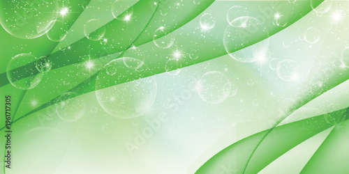 Abstract Bright Green Background with Floating Bubbles and Stars