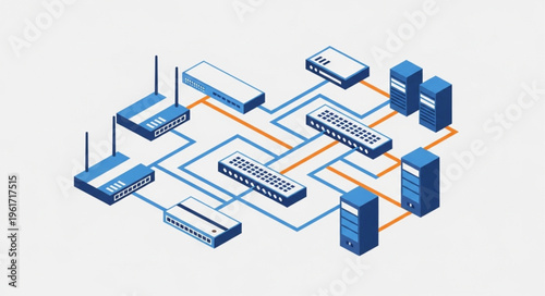 Isometric Network Infrastructure Illustration - Routers, Servers, and Connections.