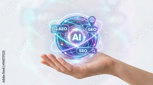 Artificial intelligence concept with glowing AI sphere and SEO, GEO, AEO icons floating above open hand, symbolizing digital marketing and technology innovation