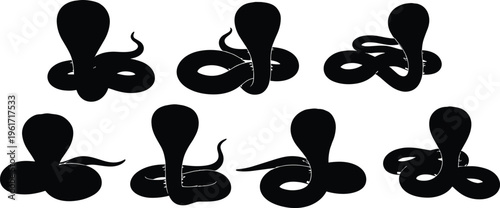 King cobra silhouette set with hood spread poses. Venomous snake collection isolated for wildlife, danger, and reptile design use.