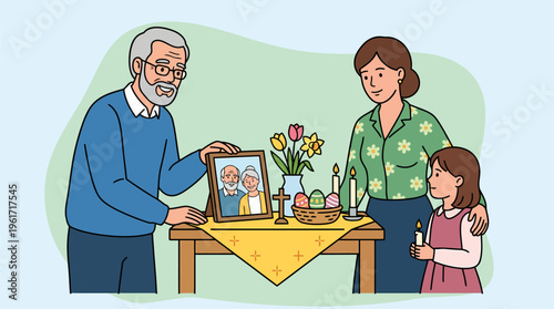 Grandfather showing family photos during Easter gathering modern flat vector art