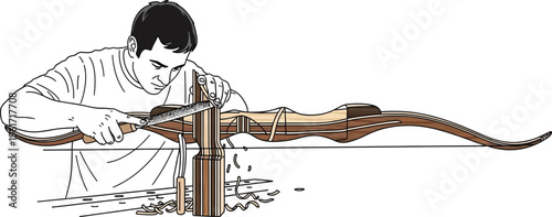 Artisan crafting a wooden bow with precision tools