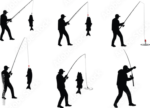 WebFishing silhouette set with angler catching fish using rod, sport activity, outdoor recreation, fisherman lifestyle, nature hobby vector illustration collection
