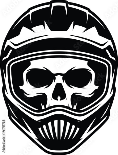 Monochrome illustration featuring a skull wearing a full face motocross racing helmet and goggles