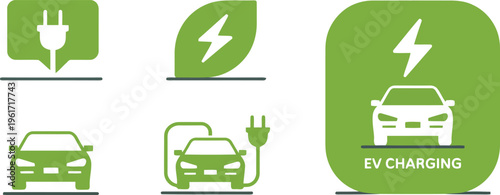 Modern green symbols for electric car charging and renewable energy sources on white