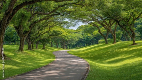 Serene Scenic Landscape Featuring Lush Green Trees Along a Winding Pathway in a Peaceful Park Setting Ideal for Outdoor Leisure and Relaxation