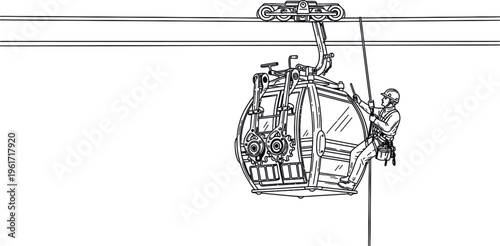 Maintenance worker suspended from cable car system