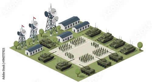 Quadro em tela Isometric Military Base Illustration with Soldiers and Tanks.