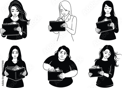 Sad women checking empty wallet financial problem poverty crisis money shortage stress debt concept illustration isolated black vector set
