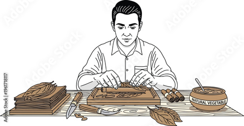 Artisan crafting handmade cigars with tobacco leaves