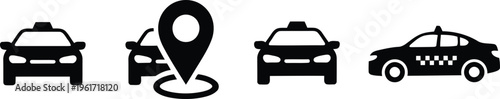 Multiple black silhouette taxi icons with two map pointers indicating service availability
