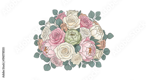 Elegant Floral Arrangement of Roses, Peonies, and Eucalyptus Leaves