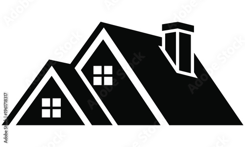 Modern house roof graphic illustration with chimney and dormer windows depicted in simple black and white vector design suitable for architectural or real estate projects.