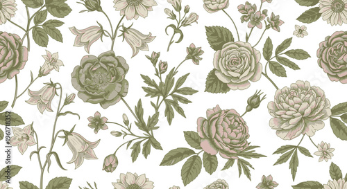 Vintage Floral Seamless Pattern: Roses, Bellflowers, Leaves - Soft Green and Pink