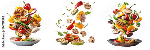 Set of Flying grilled vegetable mix with mushrooms bell peppers isolated on a transparent background