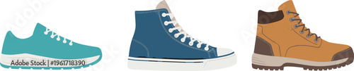 Flat vector illustration set of casual sneakers high top shoes and leather boots for fashion retail and footwear design,