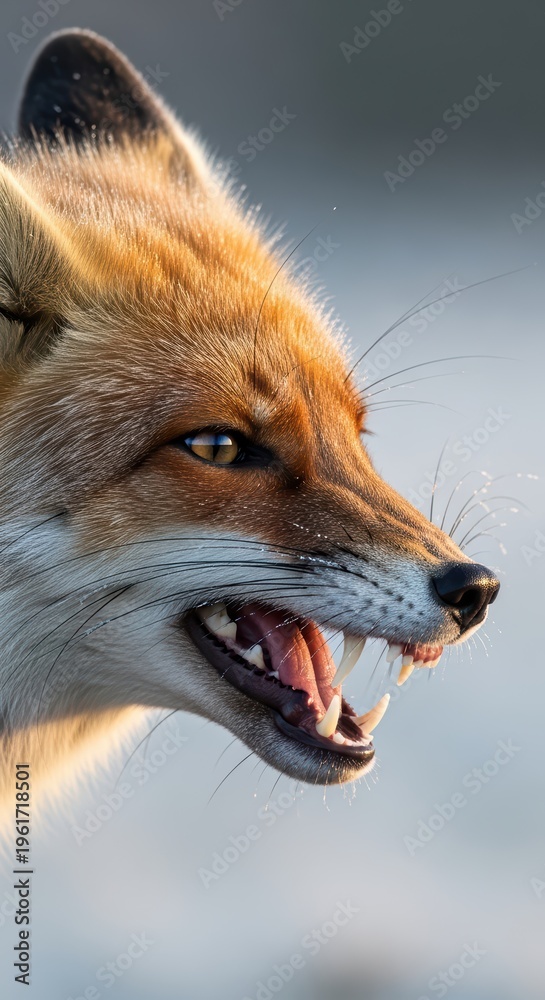 Fototapeta premium Red fox snarling with bared teeth in natural light