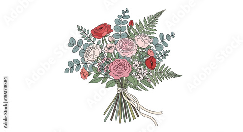 Elegant Floral Bouquet with Ribbon and Ferns - Hand Drawn Illustration