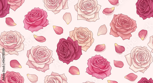 Seamless Floral Pattern: Pink and Red Roses with Petals, Romantic Background