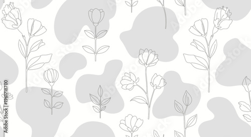 Minimalist Floral Pattern: Delicate Line Art Flowers on Abstract Grey Shapes Background