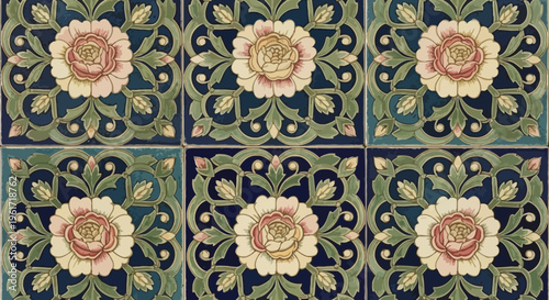 Vintage Floral Tile Pattern, Art Nouveau Style, Decorative Ceramic Wall Decor