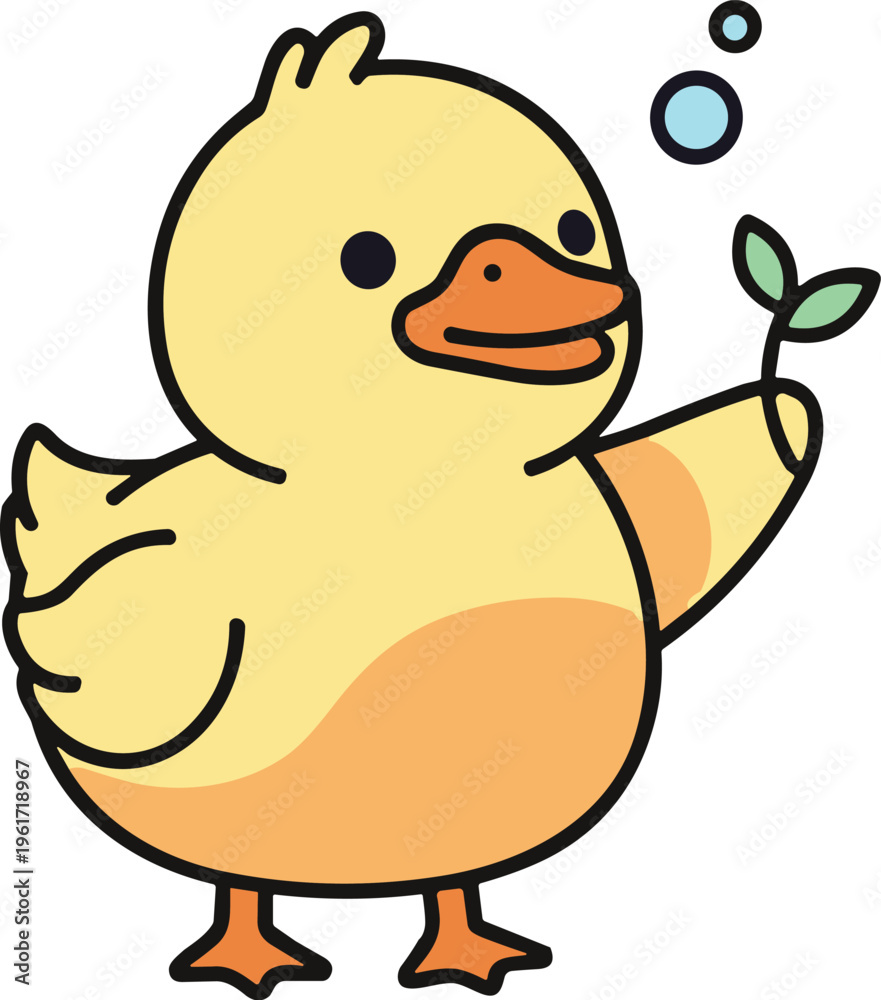 Fototapeta premium Cute Yellow Duck Holding Plant with Bubble Cartoon Character Adorable Baby Bird Animal Vector Illustration Isolated on White Background