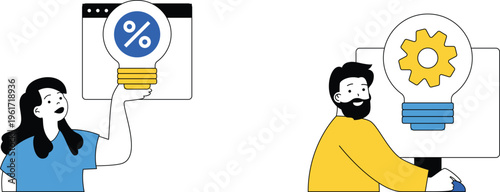 Two people showcasing ideas through lightbulbs symbolizing innovation and financial planning together creatively