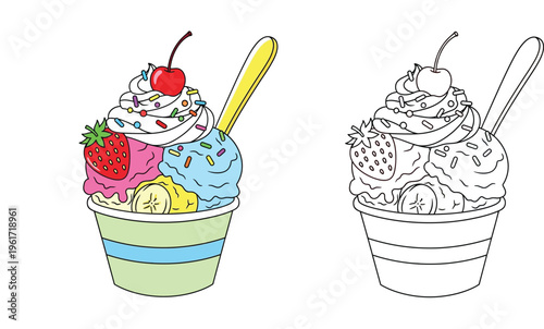 Colorful Ice Cream Sundae with Sprinkles and Fruits in a Cup with Black and White Line Art Coloring Page Vector Illustration for Kids Activity and Dessert Menu Design