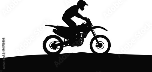 Silhouette of a motocross rider on a dirt bike navigating a small hill with a white background